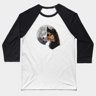 Tricolor Black Border Collie with Night Sky Full Moon Baseball T-Shirt